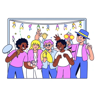 A group of guests is gathered in a photo booth at a wedding reception. They are holding a variety of fun props, including oversized sunglasses, feather boas, and a big, colorful hat. The guests are posing together, smiling and making playful gestures. The backdrop of the photo booth is decorated with strings of fairy lights and colorful paper garlands. The atmosphere looks lively with laughter and joy among the guests.