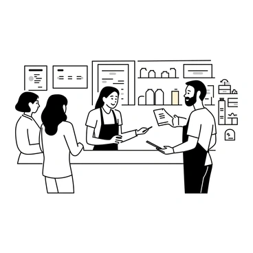 A busy order counter with several customers standing in line. The customers include a woman with a shoulder-length hairstyle wearing a light jacket, and a man with a beard in a casual t-shirt. Behind the counter, a friendly staff member, wearing an apron, is taking an order from the man. The staff member has a warm smile and is holding a tablet. Various menus and promotional signs are visible on the wall behind the counter. There are shelves stocked with colorful products, and a large display showcasing items available for purchase.