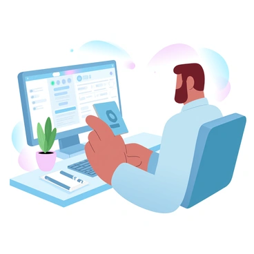 A representative is sitting at a desk, focused on a computer screen displaying customer information. The representative is holding a passport in one hand while typing with the other. The desk is organized with a pen, a notepad, and a small potted plant beside the computer. The background features a softly illuminated room with gentle gradient pastel colors. The passport is open, showing various details, and the screen reflects a digital interface with clear text and icons.