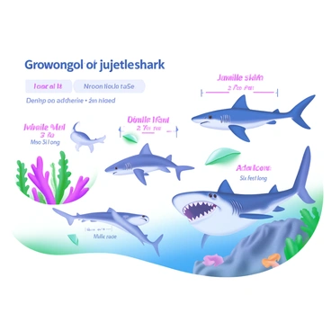 A series of illustrations showcasing the growth stages of a juvenile shark. The first illustration features a tiny shark pup, around six inches long, with smooth skin and faint patterns, swimming near colorful coral. The second illustration presents a slightly larger shark, about two feet long, with a more defined shape and developing teeth, exploring a kelp forest. The third illustration displays a juvenile shark measuring about four feet, showcasing a more pronounced fin structure and vibrant coloration, gliding gracefully through open water. The final illustration depicts an adolescent shark, approximately six feet long, exhibiting robust features and bold markings, actively hunting near a rocky reef. Each stage is labeled with the respective growth stage in elegant font.