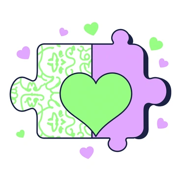 Two giant puzzle pieces are positioned closely together, fitting perfectly to form a heart shape. One puzzle piece is intricately designed, showcasing an ornate pattern, while the other has a smooth surface with a subtle texture. The edges of each puzzle piece align seamlessly, emphasizing the heart shape they create together. Around the heart shape, there are smaller heart outlines, enhancing the focus on the central figure of the two pieces.