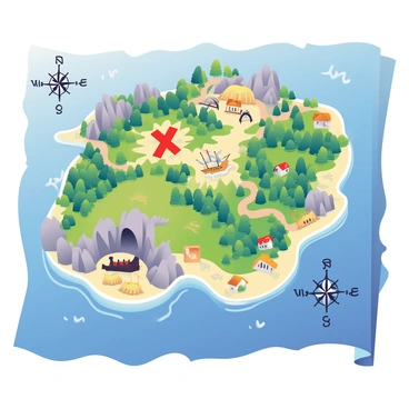 A detailed map of a mystical island with various pirate landmarks and treasures