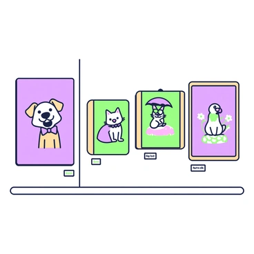 A gallery interior showcases a series of whimsical pet portraits hanging on the wall. Each portrait features a different type of pet with unique expressions and accessories. On the left, there is a large portrait of a playful dog wearing a purple bowtie, next to a cat with green glasses sitting elegantly. In the center, a rabbit holds a small umbrella while perched on a colorful cushion. To the right, a parrot is depicted in mid-squawk, surrounded by vibrant flowers. The gallery has wooden frames for each portrait, and beneath them, small plaques display the names of the pets. The floor is polished, creating a clean, inviting atmosphere.