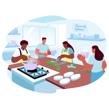 A diverse group of volunteers is working together in a community kitchen. One volunteer, with short curly hair, is stirring a large pot on the stove. Another volunteer, wearing a bright apron, is chopping vegetables at a wooden countertop. A third volunteer, with long hair tied back, is arranging prepared meals into containers on a nearby table. Shelves filled with ingredients and cooking supplies are visible in the background. Sunlight streams through the windows, illuminating the warm, inviting atmosphere of the kitchen. "Community Kitchen" is written on a sign hanging on the wall.