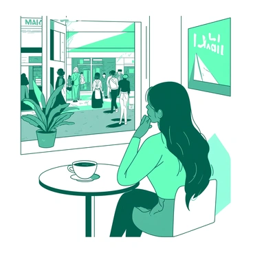 A teal woman named Marie is sitting at a small round table in a white café. She has long, flowing hair and is wearing a stylish outfit. In front of her, there is a white cup of coffee resting on the table. The café is adorned with small potted plants and colorful decorations. Marie gazes thoughtfully at the bustling street outside, where people are walking by in various outfits, some carrying bags and others chatting with friends. The atmosphere is lively, with a sense of community and connection in the air.