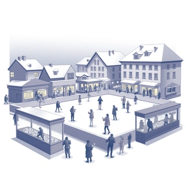 A winter festival scene set in Grenoble. The area is bustling with activity, featuring a large ice skating rink filled with people gliding across the ice. In the foreground, there are several wooden stands selling hot cocoa, adorned with festive decorations and offering steaming cups to visitors. The surrounding architecture includes traditional Alpine buildings, with snow-covered rooftops and twinkling lights. A gentle snowfall adds a magical touch to the atmosphere, while groups of people, wrapped in winter clothing, enjoy the festivities, some taking photos and others sipping from their cups.