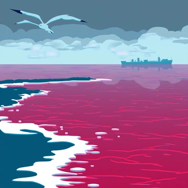 An ocean scene depicting water near the shore that is a vivid blood red. The waves are gently lapping against a rocky coastline, creating white foam at the edges. The sky above is overcast with dark clouds, reflecting shades of deep gray and crimson. Seabirds can be seen soaring above the water, casting shadows on the crimson surface. In the distance, faint outlines of ships are visible, appearing small against the vast, red expanse of the ocean.