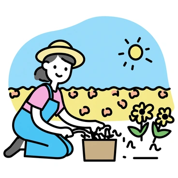 A farmer, wearing a straw hat and blue overalls, is kneeling in a field of bright orange and yellow calendula flowers. The sun is shining brightly in a clear blue sky, casting shadows over the vibrant flowers. The farmer is gently pulling weeds from the soil, surrounded by a lush landscape of blooming flowers that stretch towards the horizon. There is a rustic wooden basket filled with freshly picked flowers nearby, and the green leaves of the plants are glistening in the sunlight.
