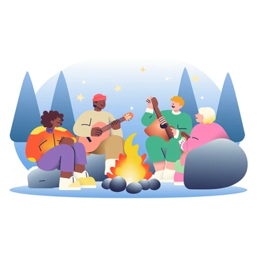 A group of four friends is sitting around a crackling campfire under a starry night sky. One friend with curly brown hair is roasting marshmallows on a long stick, while another friend with straight black hair is playing an acoustic guitar. The third friend, wearing a red beanie, is telling a story, animatedly gesturing with their hands. The fourth friend, with short blonde hair, is leaning back against a large rock, listening intently while wrapped in a cozy blanket. The warm glow of the fire illuminates their faces, and the surrounding trees are silhouetted against the star-filled sky.