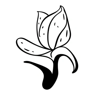 A close-up view of a flower bud starting to open. The petals are partially unfurled, showcasing intricate patterns and textures. The surrounding leaves are visible, adding depth to the composition. Delicate lines and shading highlight the contours of the petals as they emerge from the bud.