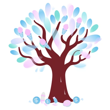 A flourishing tree stands tall with a thick trunk, its branches extending outward. Each branch is crafted from colorful paintbrushes, the bristles fanning out in various hues. The leaves of the tree are shiny coins, glistening in the light. The ground around the tree is scattered with art supplies and a few more coins, adding to the theme. A soft gradient of pastel colors fills the background, enhancing the vibrant scene.
