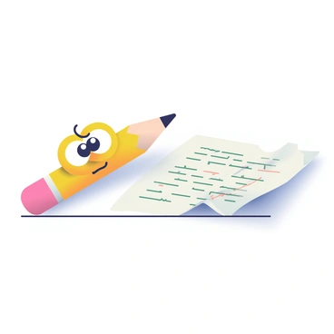 A broken yellow pencil with a frustrated face is lying on a flat surface. The pencil has a cute expression, with large eyes and a furrowed brow. Next to it, a crumpled white sheet of paper is spread out, covered in handwritten notes filled with errors. The paper has visible smudges and scribbles, indicating multiple attempts at writing. The background is a soft, light color that complements the scene.