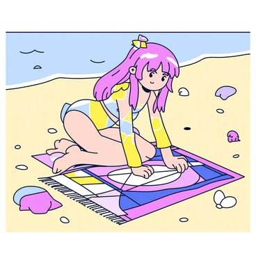An anime girl with long flowing hair, wearing a colorful swimsuit, is kneeling on the beach sand. She is focused on creating intricate patterns with vibrant towels spread around her. The towels feature different geometric designs and bright colors. The sun is shining down, casting soft shadows on the sand, and small seashells are scattered nearby. The ocean waves can be seen in the background, gently lapping at the shore.