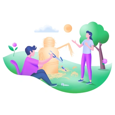 A park scene featuring a person constructing a "straw man" figure made of straw and twine, positioned on a grassy area. The individual is focused and intent, with a few scattered tools and materials around them, including scissors and additional straw. In the background, a friend stands nearby, engaged in animated discussion, gesturing expressively. Trees and flowers frame the scene, adding a touch of nature to the environment. The sky is clear, and the sun casts a warm light over the interaction.