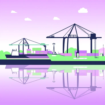 A cargo port is depicted at dusk, featuring several large cranes towering over the dock. The silhouettes of these cranes are clearly defined against the twilight sky. Large container ships are moored alongside the pier, their outlines mirrored in the calm water below. The reflections create a striking contrast against the fading light, enhancing the scene's depth. The docks are lined with stacked containers, and various cargo equipment is visible, adding to the industrial atmosphere of the port.