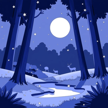A nighttime forest scene is filled with towering trees silhouetted against the moonlit sky. The ground is covered in a carpet of leaves and underbrush. Fireflies are scattered throughout the air, glowing softly and creating a magical ambiance. Some fireflies are clustered near a small, clear pond that reflects the light above. Shadows dance between the trees, emphasizing the depth of the forest. In the distance, a soft outline of a deer can be seen, adding to the tranquility of the scene.