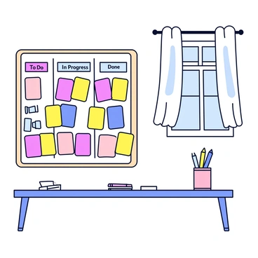 A kanban board with colorful sticky notes arranged in columns labeled "To Do," "In Progress," and "Done." The board is mounted on a wall with a light wood frame. Natural sunlight streams through a nearby window, casting soft shadows and creating a warm glow on the board. The room has a simple desk beneath the board with a few scattered pens and a notepad. The window has sheer white curtains that gently diffuse the sunlight.