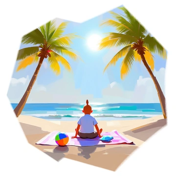 Tintin relaxing on a sandy beach with palm trees and a clear blue sea