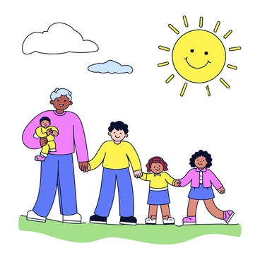 A colorful child's drawing depicting a family holding hands. The family consists of four figures: a tall figure representing a parent, a shorter figure representing another parent, and two smaller figures representing children. Each figure has distinct features, such as different hair colors and clothing styles. Above the family, there is a large smiling sun with a bright yellow face and rays extending outward. The background is filled with a blue sky, and there are green grass patches at the bottom of the drawing.