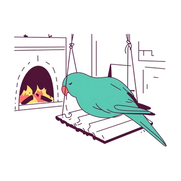A teal parakeet with closed eyes is dozing peacefully on a white swing made of thin ropes and wooden slats. The swing is hanging from the ceiling in a cozy room. In the background, there is a warm glow coming from a white fireplace, with flickering flames visible inside. The walls of the room are adorned with subtle decorations, adding to the inviting atmosphere. The scene captures the blissful tranquility of the parakeet resting in its comfortable surroundings.
