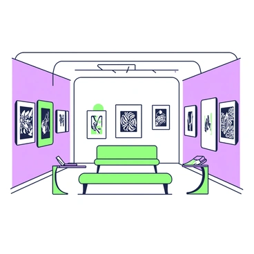 An art gallery interior featuring a collection of lithography artworks displayed on the walls. The walls have a green and purple outline design framing each piece. Each lithograph varies in size and depicts intricate designs and patterns. In the center of the gallery, there are sleek green benches for visitors to sit. Small green and purple accent tables are placed nearby, holding informational pamphlets about the artworks. The lighting is focused on the lithographs, subtly highlighting their details and textures.