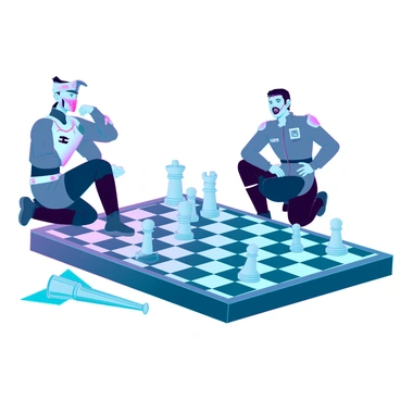 Two figures seated at a sleek, futuristic chessboard, intensely focused on the game. On one side, a tall figure clad in high-tech armor representing a futuristic military faction, with sharp angular designs and glowing accents. On the opposite side, a shorter figure dressed in a traditional military uniform with a modern twist, featuring tactical gear and insignia. The chess pieces are intricately designed to resemble soldiers, tanks, and aircraft from their respective factions. The atmosphere is charged with strategy and contemplation as the pieces are positioned for the next move.