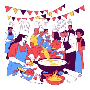 A vibrant scene depicting a lively cooking festival. Chefs of diverse backgrounds are bustling around, each engaged in the preparation of dishes using various magical ingredients. In the foreground, a chef in a bright blue apron is chopping an iridescent vegetable while a pot of glowing soup simmers on a nearby stove. Colorful banners in shades of red and yellow flutter above, adding a festive atmosphere. In the background, another chef is mixing a sparkling batter in a bowl, while a group of spectators eagerly watches the exciting culinary creations unfolding around them.