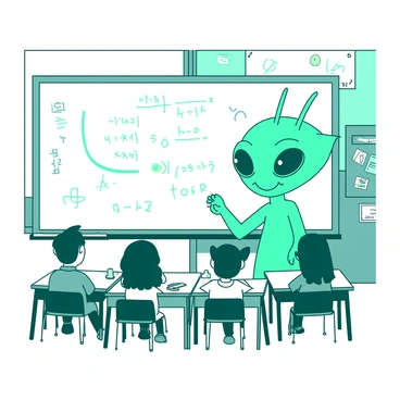 An alien with a big smile standing in front of a blackboard teaching students