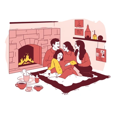 A cozy scene depicts a family of four gathered around a warm fireplace. The fireplace is made of rustic stone, with flames glowing brightly and casting flickering shadows. The family members are sitting on a plush, comfortable rug, with two children nestled close to their parents. The parents are engaged in a cheerful conversation. The room is filled with soft, warm lighting, enhancing the inviting atmosphere. Various family photos hang on the walls, and a small table beside them holds steaming mugs of hot cocoa.