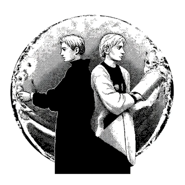 The Elric brothers are standing back-to-back in a dynamic pose. The older brother has short, spiky blonde hair and is wearing a dark coat, with a determined expression on his face. His arms are crossed and he is slightly bent forward, ready for action. The younger brother has longer blonde hair tied back and wears a light-colored outfit with a high collar. He is holding a large alchemical tome in one hand and has his other hand raised, as if preparing to cast a spell. The background features swirling lines and abstract shapes, giving a sense of movement and tension in the air.