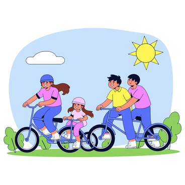 A happy family riding bikes together in a park. The family consists of four members: a father wearing a blue helmet, a mother with long brown hair wearing a light pink helmet, a young girl with pigtails riding a small bicycle, and a teenage boy with a black helmet riding a larger bike. They are surrounded by green grass and a few small trees. The sun is shining brightly in a clear blue sky. Each family member has a big smile on their face, showing their enjoyment of the moment.