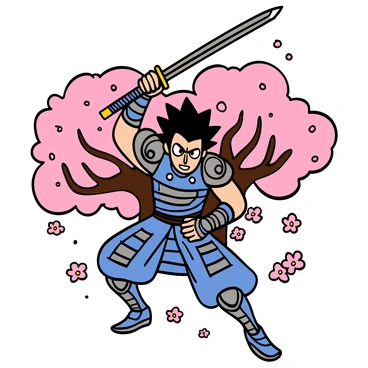 An anime warrior with light skin and spiky black hair is striking a dramatic pose, holding a katana above their head. They are wearing a blue and silver armor adorned with intricate designs. The warrior's expression is fierce and determined, showcasing big eyes filled with intensity. The background features blooming cherry blossom trees with delicate pink flowers falling gently around them, creating a vibrant and dynamic atmosphere. The warrior's stance conveys strength and readiness for battle.