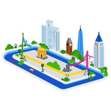 A subway map with illustrations of iconic city landmarks at each station