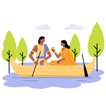 Rama and Sita are in a simple wooden boat, gently gliding across a calm river. Rama is depicted as a tall figure with a bow slung over his shoulder, wearing a traditional outfit with a bright blue sash. Sita is beside him, dressed in a flowing orange sari with intricate patterns, holding a lotus flower in her hand. The boat is surrounded by lush green trees on the riverbank, reflecting the vibrant colors of nature. The sky is a clear blue, with a few fluffy white clouds floating above. The water is a soft shade of blue, rippling around the boat.