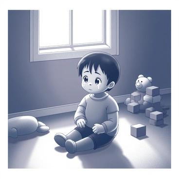 A small child is sitting on the floor in a dimly lit room. The child has tears streaming down their face, reflecting the light coming from a small window. The room is filled with various toys that are scattered around but remain untouched. A stuffed bear lies a few feet away, and building blocks are neatly stacked but not played with. The child’s expression conveys sadness and loneliness, with their small hands resting on their knees. The atmosphere of the room is heavy, emphasizing the child's isolation.