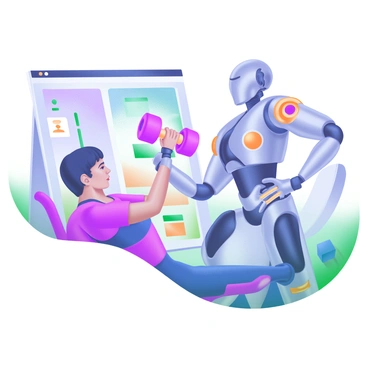 A futuristic gym scene featuring a person performing a dumbbell fly exercise with the help of a robotic arm. The person is focused, wearing sleek, athletic workout gear. The robotic arm, designed with metallic surfaces and glowing accents, extends towards the individual, holding a dumbbell in a precise position. The background shows advanced workout equipment and holographic displays showing fitness metrics. Soft, ambient lighting enhances the modern atmosphere of the sci-fi setting.