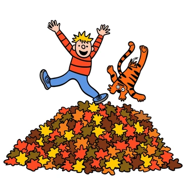 Calvin, a light-skinned boy with spiky blonde hair, is joyfully jumping into a huge pile of colorful autumn leaves. He is wearing a red and black striped shirt, blue jeans, and sneakers. His expression is one of pure excitement, with a big smile on his face. Behind him, Hobbes, a large orange and black striped tiger with big eyes, is diving into the leaves, his body mid-air and paws extended forward. The leaves are a mix of red, orange, yellow, and brown, creating a vibrant scene filled with movement and fun.