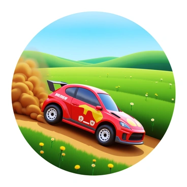 A rally car kicking up dirt on a rugged rural track. The car is a vibrant red with bold racing decals and has a sleek, aerodynamic design. It is positioned at a dynamic angle, showcasing its speed and power. The wheels are spinning, sending clouds of brown dirt and dust into the air. Surrounding the track, there are vast green fields that stretch towards the horizon, dotted with wildflowers. In the background, there are rolling hills under a clear blue sky.