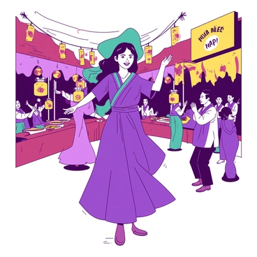 A teal woman with long black hair, wearing a vibrant purple traditional dress adorned with intricate patterns, is joyfully dancing at a colorful cultural festival. Around her, there are various decorations like bright banners and lanterns in shades of yellow. The festival is lively, with other participants in traditional clothing, some playing musical instruments, while others are clapping along to the rhythm. Colorful stalls are set up in the background, featuring local crafts and foods, enhancing the festive atmosphere.