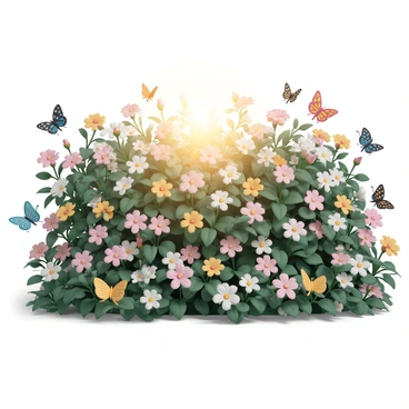 A vibrant garden filled with various flowering plants, with a hedge covered in blooming flowers of multiple colors. Numerous butterflies, featuring different patterns and colors, are fluttering around the hedge, some perched on flowers while others are in mid-flight. The sunlight filters through the leaves, creating a warm glow that enhances the colors of the flowers and butterflies in the scene. The lush greenery of the garden provides a rich backdrop for this lively interaction between nature's elements.