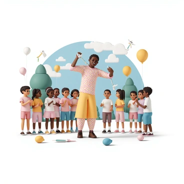 A performer, dressed in a colorful outfit featuring bright patterns, is standing in front of a group of excited children. The performer is skillfully twisting a long balloon into the shape of a dog, with a smile on their face. The children, a diverse group with varying hairstyles and clothing, watch intently, their eyes wide with delight. Some of the children are clapping their hands, while others are pointing at the balloons. Various completed balloon animals, including a giraffe and a sword, are scattered around the performer, showcasing their talent. The setting is outdoors, with a few trees and a sunny blue sky in the background.