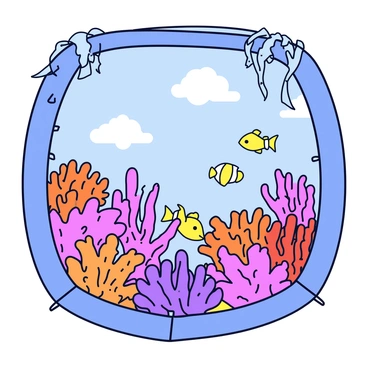 A colorful coral reef scene filled with various types of corals in shades of pink, orange, and purple. Brightly colored fish swim among the corals, including yellow tangs and clownfish. The scene is framed by a large, broken window of a sunken ship, with rusted metal edges and seaweed hanging down. Sunlight filters through the water, illuminating the vibrant colors of the reef and creating a serene underwater atmosphere.