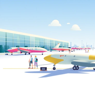A futuristic airport is depicted in the scene, featuring sleek, modern architecture with large glass panels reflecting sunlight. Multiple electric planes are parked at the gates, showcasing their aerodynamic designs and vibrant colors. The planes have smooth lines, with wingtip fences and silent engines, parked on freshly paved runways. In the background, a few passengers are seen walking towards the terminal, carrying high-tech luggage. Above them, a clear blue sky stretches endlessly, with a few fluffy white clouds dotting the horizon. The overall atmosphere conveys a sense of innovation and advanced technology.