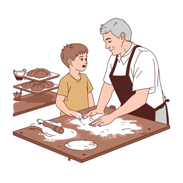 A young apprentice learning to bake under the guidance of an experienced boulanger