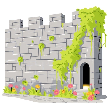 A weathered old city wall made of gray stone with cracks and vines creeping along its surface. In the wall, there is a small, arched doorway partially concealed by lush green foliage. A soft, glowing light emanates from within the doorway, hinting at the magical realm beyond. The wall is surrounded by cobblestone streets and ancient buildings, creating an atmosphere of mystery. Colorful flowers bloom near the base of the wall, adding a touch of vibrancy to the scene.