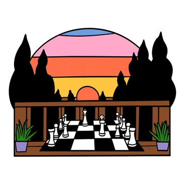A chessboard with black and white pieces is set up on a wooden balcony railing. The chess pieces are positioned in the starting formation, with the king and queen in the center. The background features a vibrant sunset, with shades of orange, pink, and purple blending in the sky. Silhouettes of nearby trees frame the view, creating a serene atmosphere. The balcony has decorative plants on either side, enhancing the peaceful setting.
