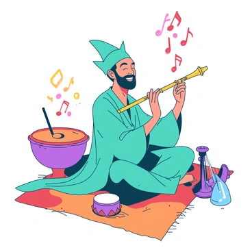 A teal genie with a flowing robe is sitting cross-legged on a vibrant orange carpet. The genie is surrounded by various magical instruments, including a shimmering golden flute, a luminescent purple drum, and an ornate blue lyre. Colorful musical notes in shades of red, yellow, and pink are swirling around in the air, creating a lively atmosphere. The genie is smiling joyfully as he plays the flute, while the other instruments seem to resonate with the melody, producing more floating notes around him.