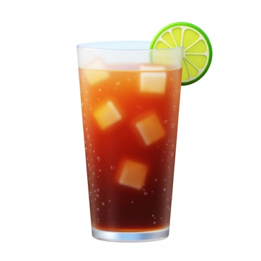 A glass of soda filled with dark brown liquid, bubbles rising vigorously to the surface. The glass is tall and clear, with condensation forming along its sides, reflecting the bright sunlight. Ice cubes are visible within the soda, glistening as they float. A slice of lime rests on the rim of the glass, adding a pop of green color. The background features a hint of a vibrant summer setting, with warm tones suggesting a sunny day.