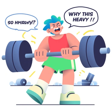 A comic strip character with bright blue hair is humorously struggling to lift a large black barbell with both hands. The character has a comically exaggerated facial expression, showing a mix of determination and frustration. They are wearing a sleeveless red tank top and green shorts, with sweat beads visibly rolling down their forehead. In the background, there are cartoon-style weights scattered around, and a speech bubble emerging from the character saying, "Why is this so heavy?!" The scene is vibrant, filled with dynamic lines to emphasize the character's effort and the struggle with the barbell.