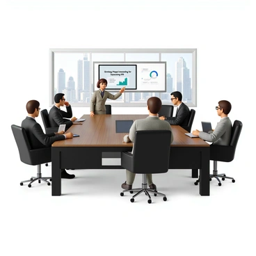 A modern conference room in an investment bank filled with professionals in formal attire. A group of five individuals sits around a sleek rectangular table made of dark wood. They are engaged in a discussion, with some taking notes on laptops and others using tablets. A large screen displays a presentation titled "Strategic Planning for Upcoming IPO." One person, a woman with short brown hair, is pointing at the screen with a pen, while another, a man with glasses, is leaning forward, listening intently. A few charts and graphs are visibly projected on the screen, with a focus on market trends and projections. The room is well-lit, with floor-to-ceiling windows showing a skyline view of a bustling city.
